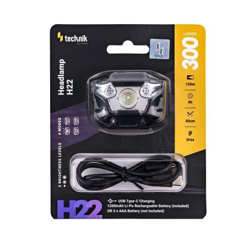 Technik Fejlámpa H22 (akkumulátoros / 3xAAA) XPG3 LED + Type-C (300 lumen)