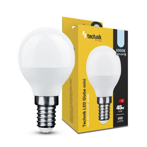 Technik LED Izzó Globe Mini G45 6W E14 270° 6000K (490 lumen)